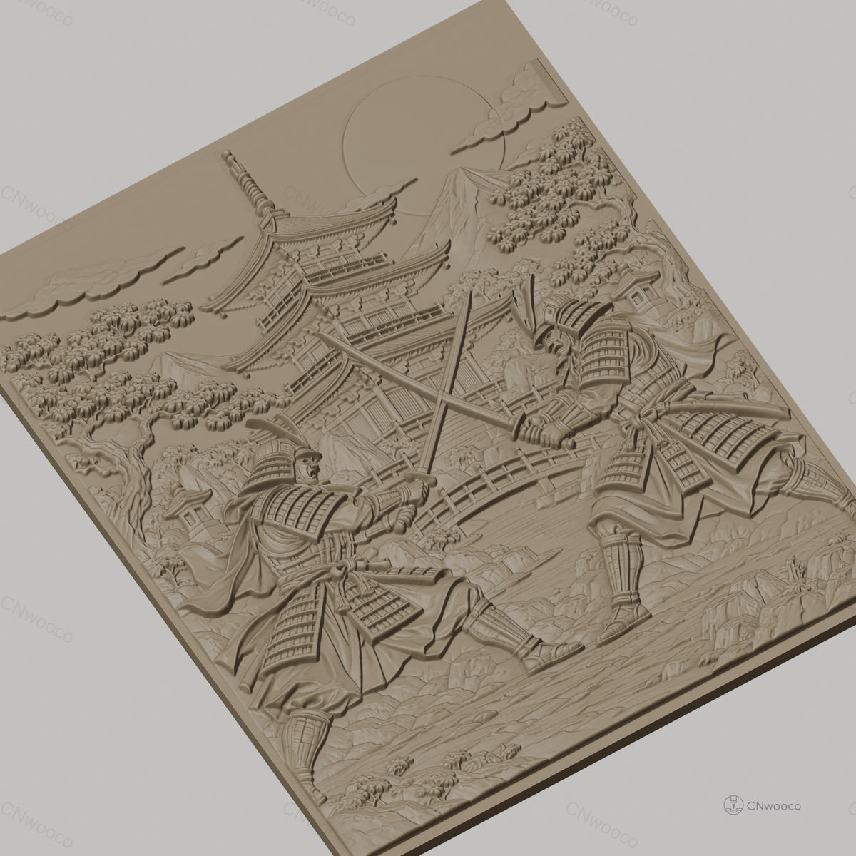 Fichier CNC & impression 3D samouraïs en duel, pagode, paysage japonais, haute qualité relief STL