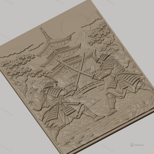 Fichier CNC & impression 3D samouraïs en duel, pagode, paysage japonais, haute qualité relief STL