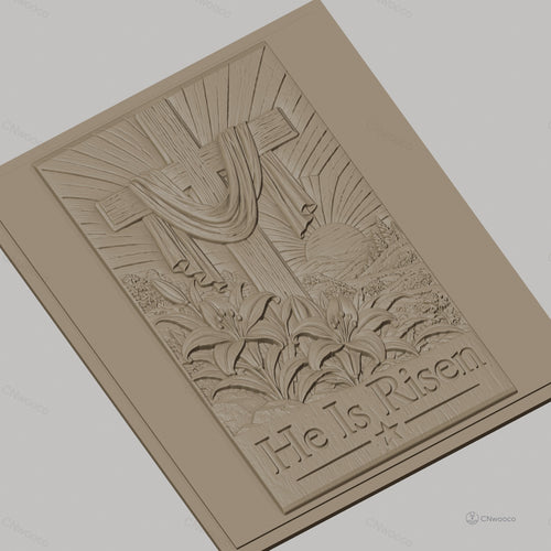 Fichier CNC & impression 3D Croix chrétienne, lys en relief avec texte He Is Risen, haute qualité relief STL