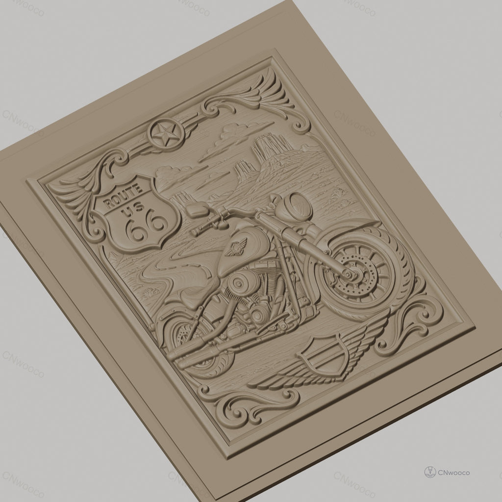 Fichier CNC & impression 3D Route 66 moto, paysage désert relief décoratif, haute qualité relief STL