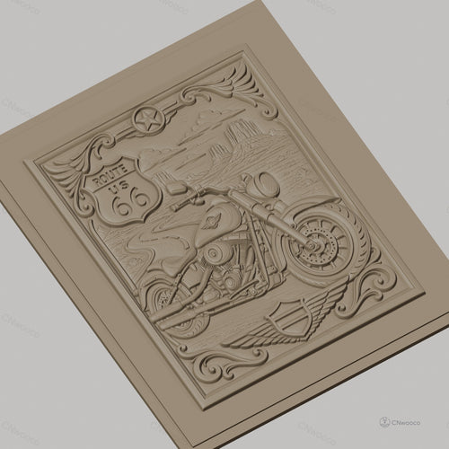 Fichier CNC & impression 3D Route 66 moto, paysage désert relief décoratif, haute qualité relief STL