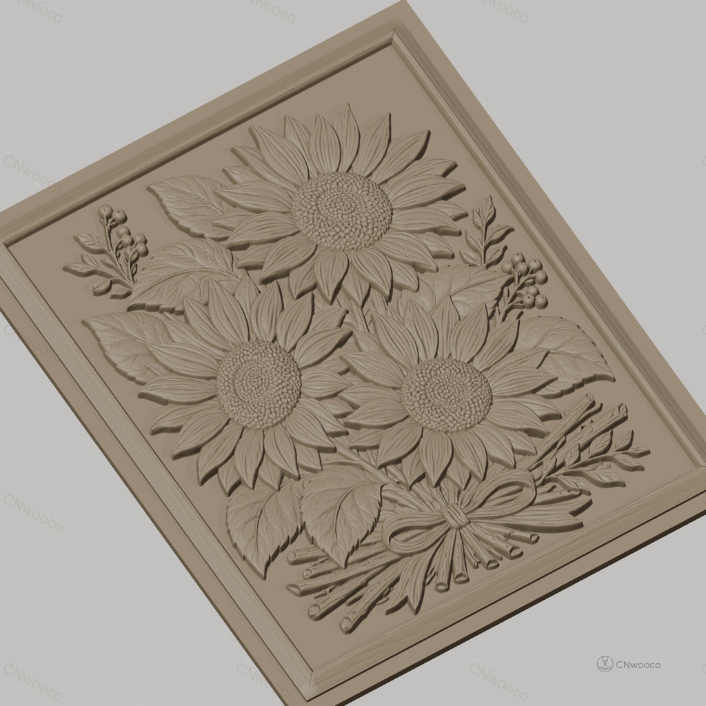 Fichier CNC & impression 3D bouquet de tournesols, feuilles et nœud de bois, haute qualité relief STL
