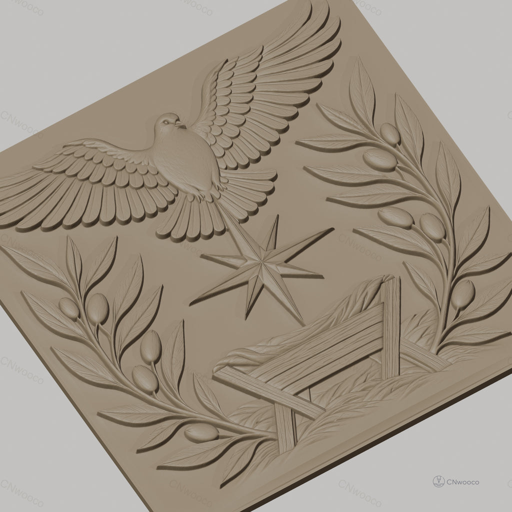 Fichier CNC & impression 3D scène de la nativité, colombe, étoile, mangeoire et branches d'olivier, haute qualité relief STL