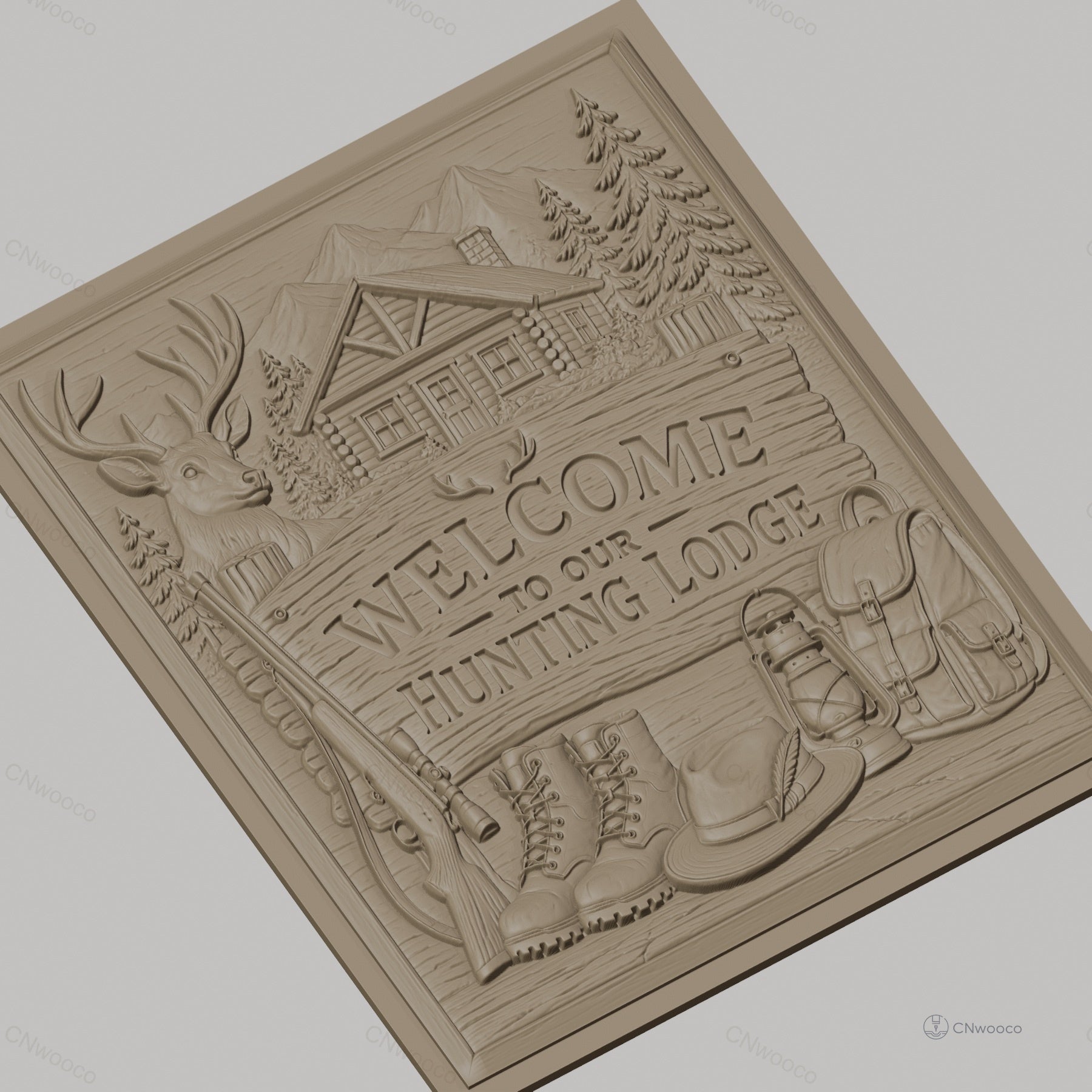 Fichier CNC & impression 3D panneau chasse, cerf, cabane, bottes et fusil, haute qualité relief STL