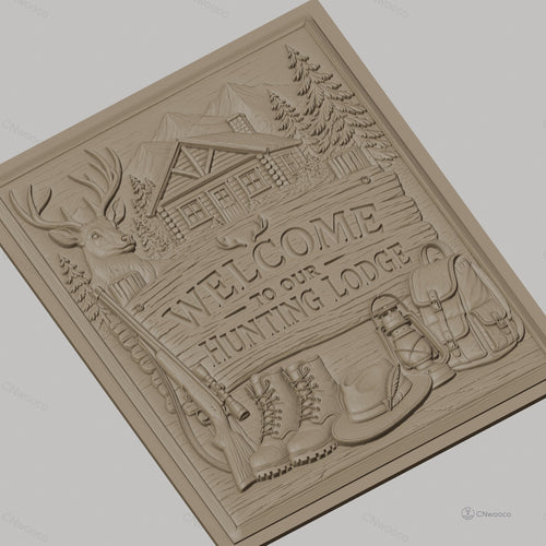 Fichier CNC & impression 3D panneau chasse, cerf, cabane, bottes et fusil, haute qualité relief STL