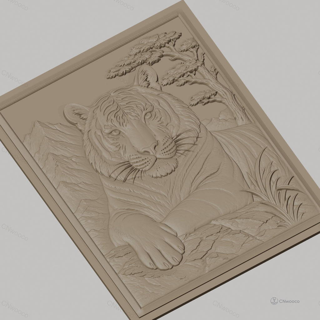 Fichier CNC & impression 3D tigre reposant, relief montagne arbre haute qualité relief STL