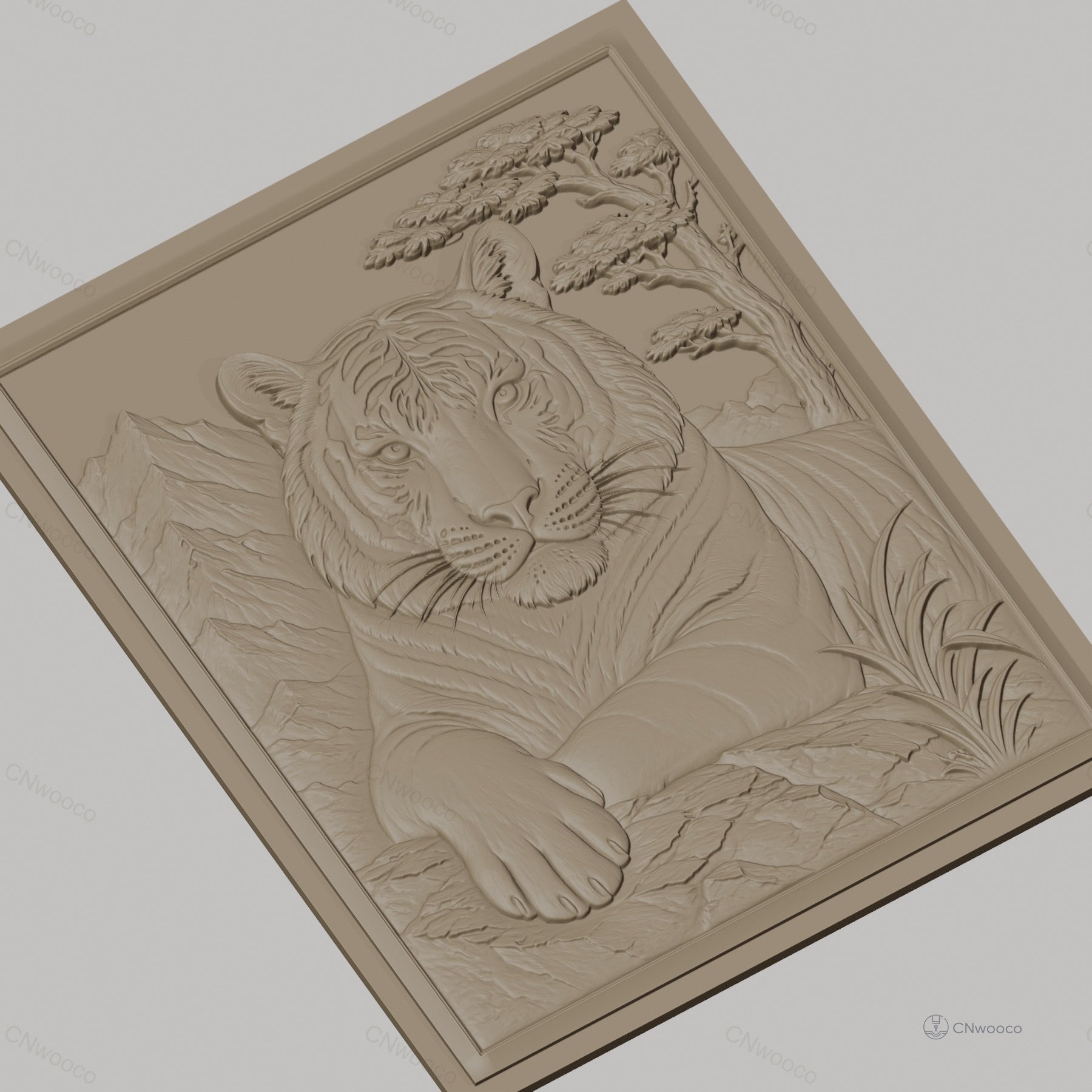 Fichier CNC & impression 3D tigre reposant, relief montagne arbre haute qualité relief STL