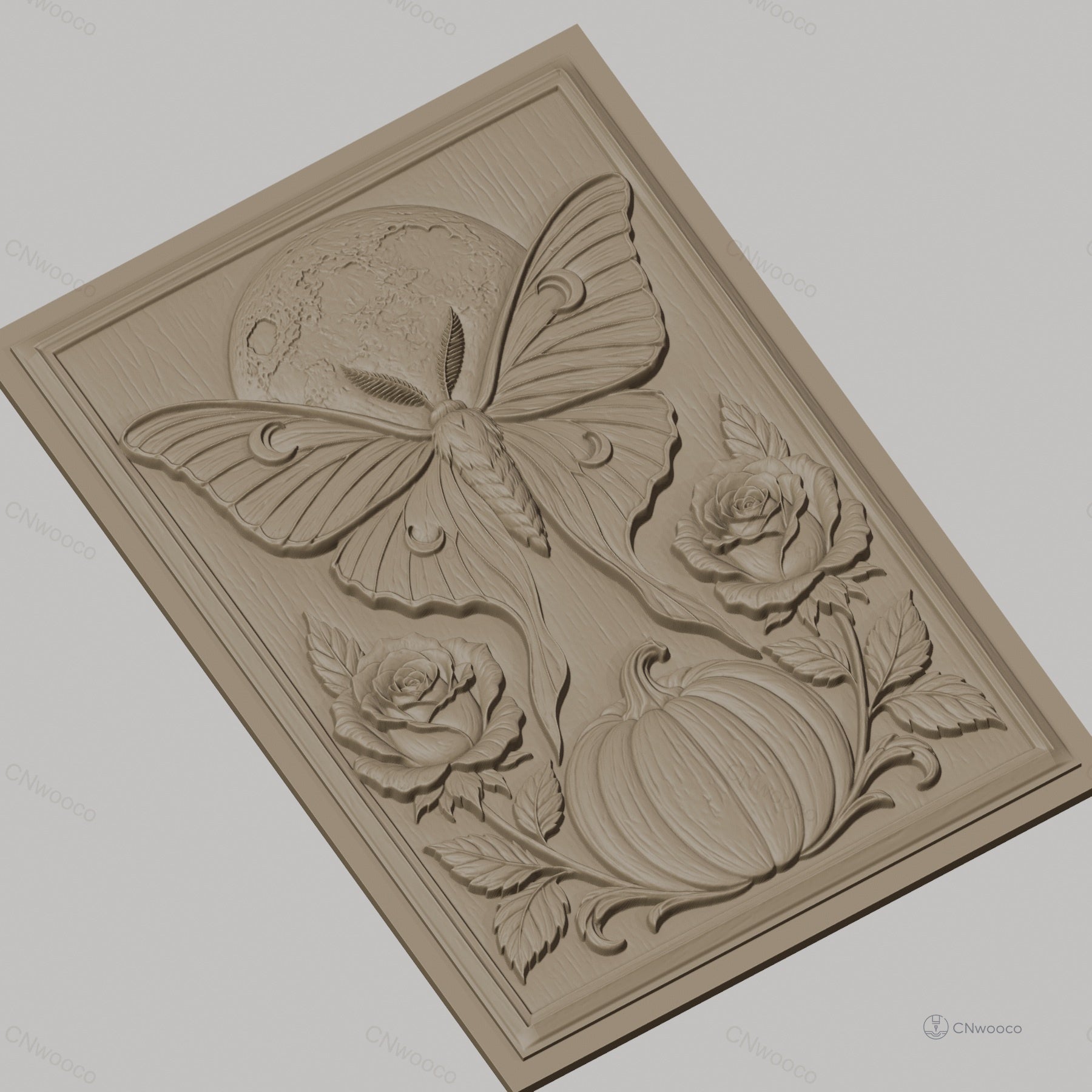 Fichier CNC & impression 3D papillon de nuit, lune, citrouille et roses, haute qualité relief STL
