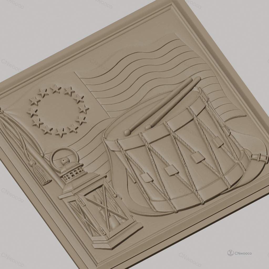 Fichier CNC & impression 3D drapeau américain révolutionnaire, tambour militaire et lanterne, haute qualité relief STL