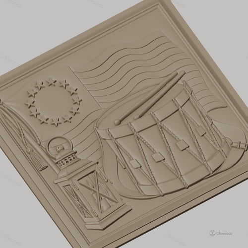 Fichier CNC & impression 3D drapeau américain révolutionnaire, tambour militaire et lanterne, haute qualité relief STL