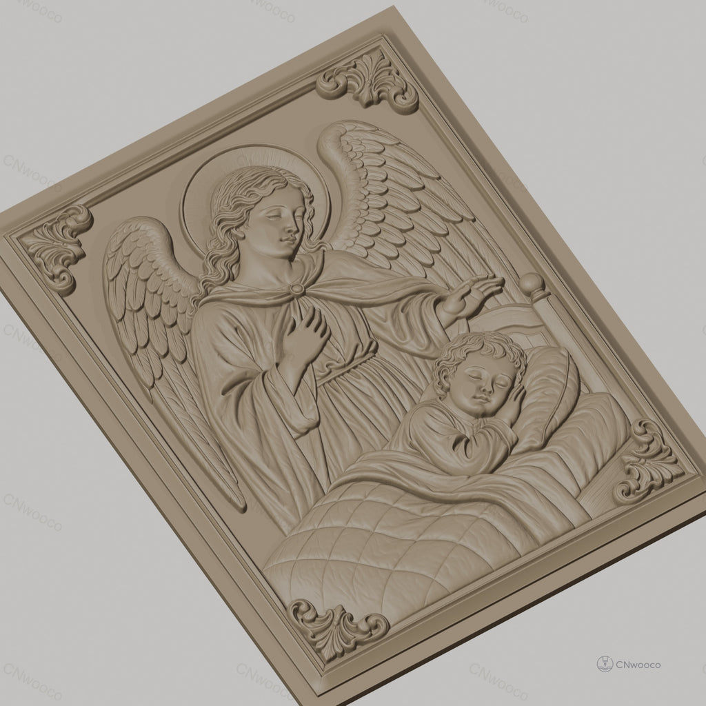 Fichier CNC & impression 3D ange gardien avec enfant, scène religieuse de protection, haute qualité relief STL