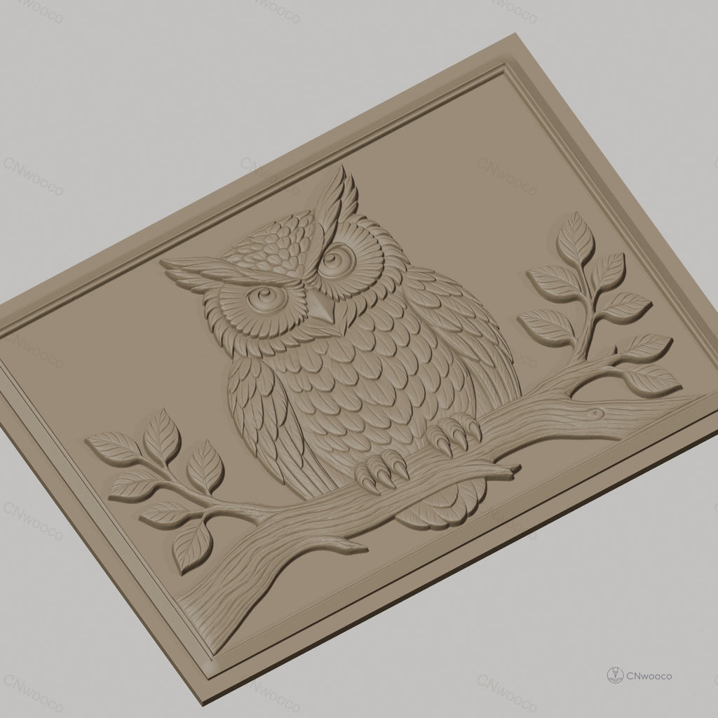Fichier CNC & impression 3D hibou sur branche avec feuilles, haute qualité relief STL