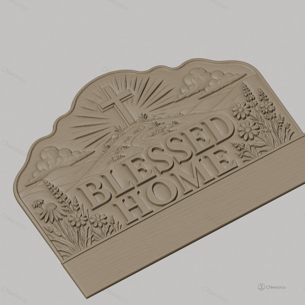 Fichier CNC porte-clés mural plaque murale décorative Blessed Home avec croix et fleurs, STL très haute qualité