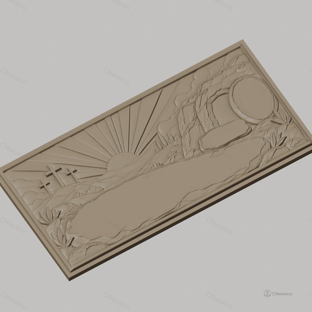 Fichier CNC & impression 3D scène de résurrection, tombeau vide, trois croix et lever de soleil, haute qualité relief STL