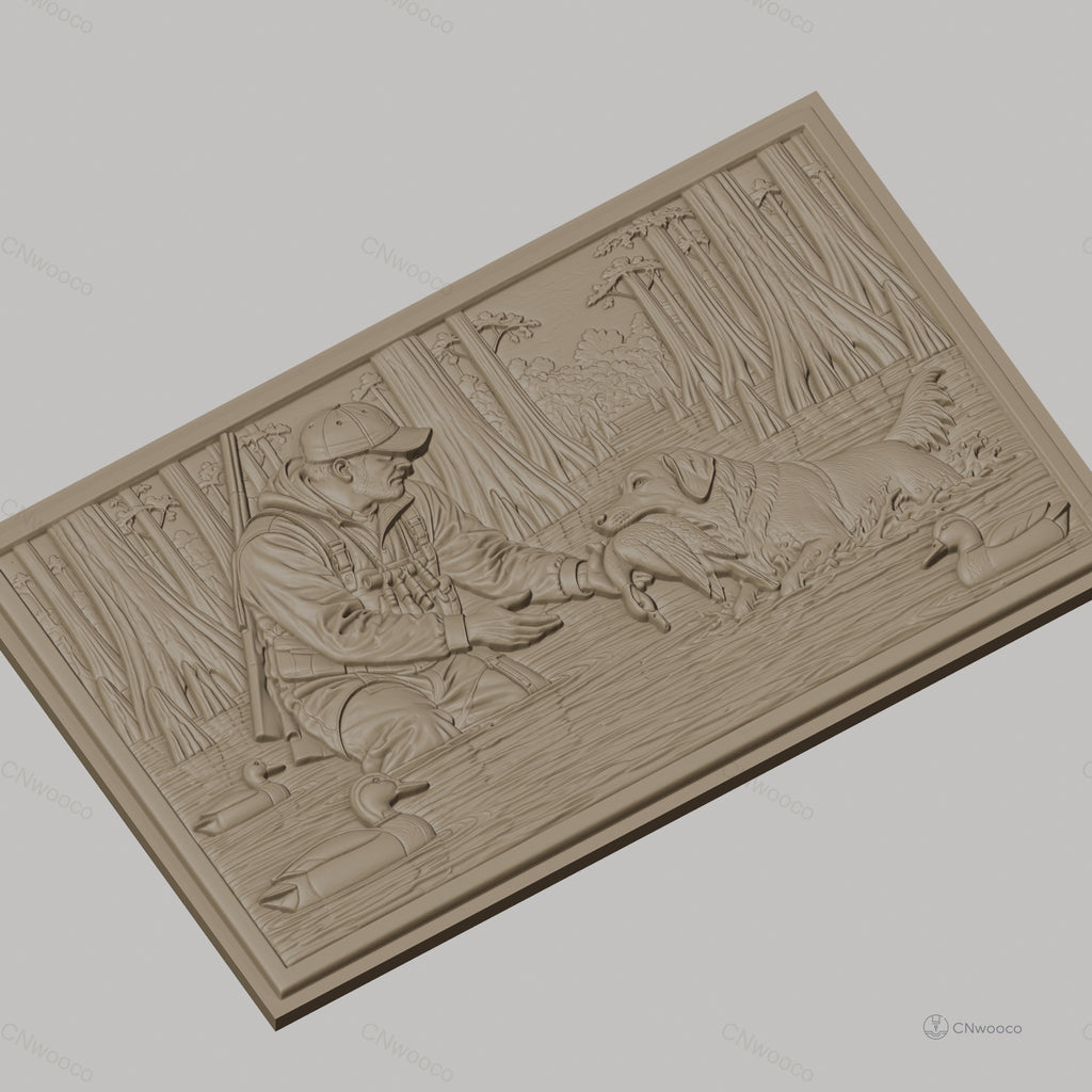 Fichier CNC & impression 3D Chasseur et chien rapportant canard dans marais, nature et forêt, haute qualité relief STL