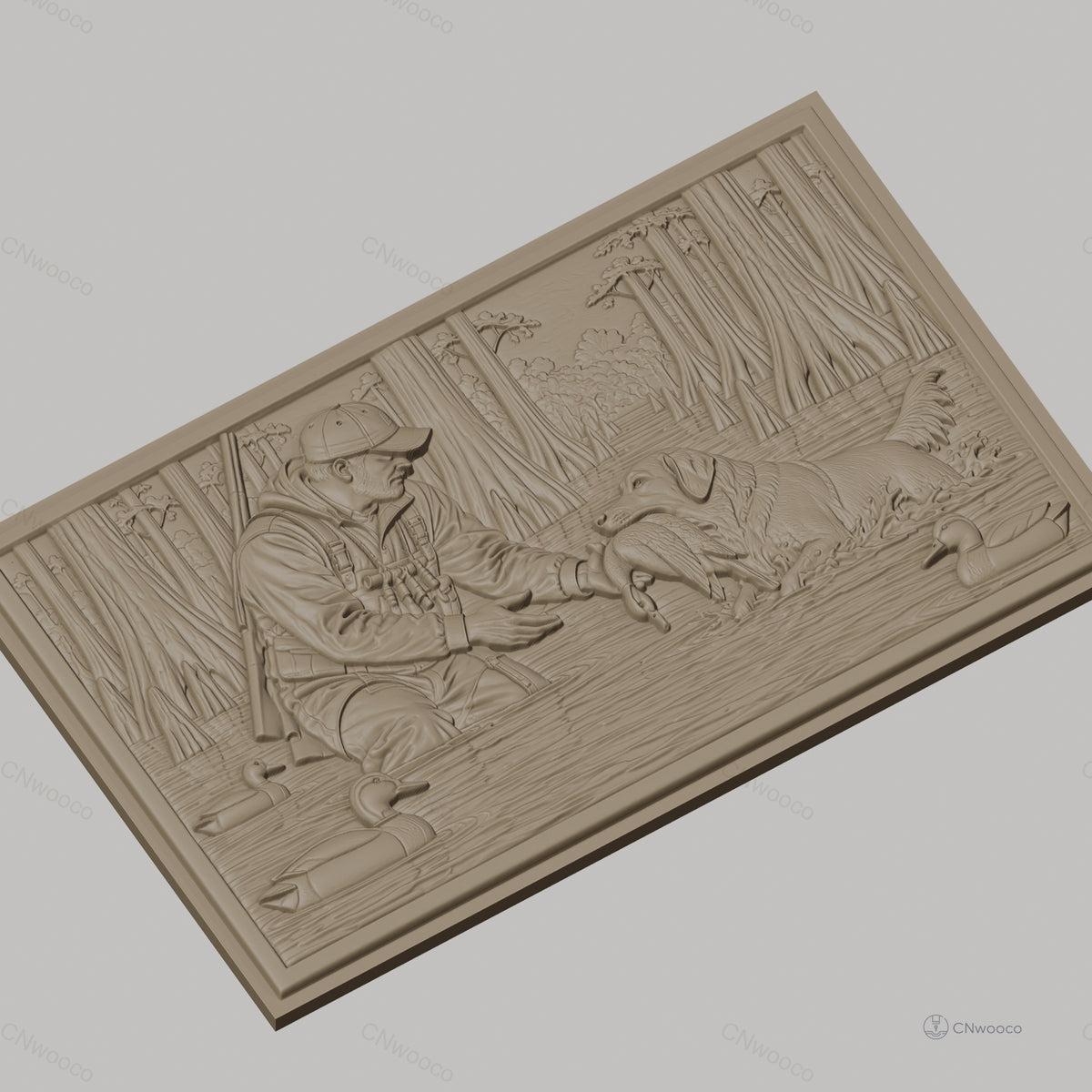Fichier CNC & impression 3D Chasseur et chien rapportant canard dans marais, nature et forêt, haute qualité relief STL