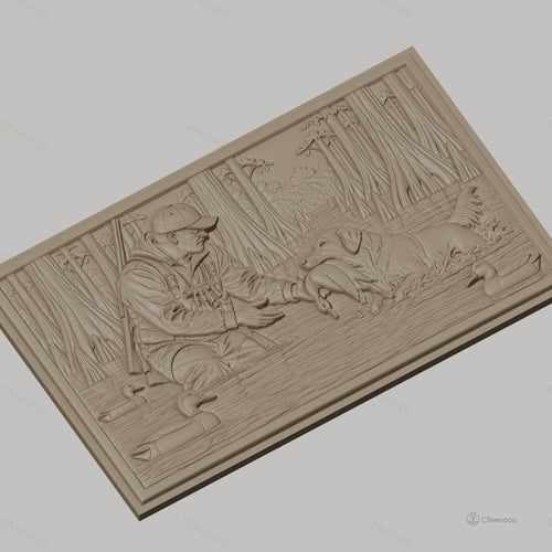 Fichier CNC & impression 3D Chasseur et chien rapportant canard dans marais, nature et forêt, haute qualité relief STL