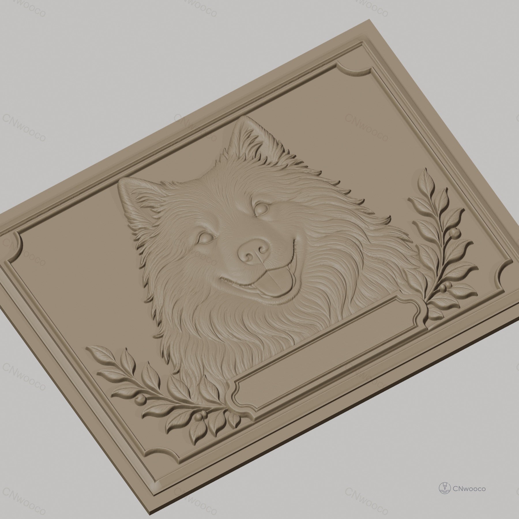 Fichier CNC & impression 3D tête de chien heureux avec feuilles et cadre décoratif, haute qualité relief STL
