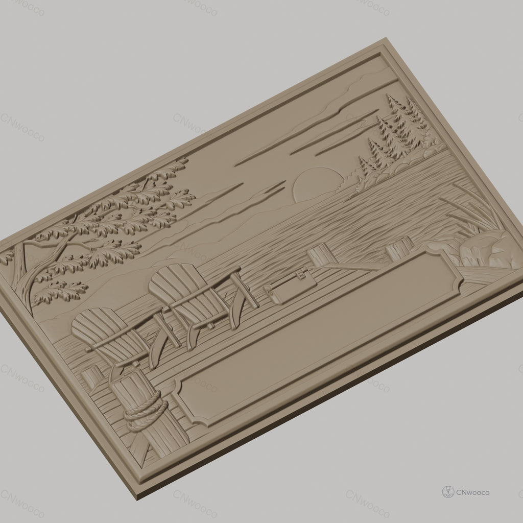 Fichier CNC & impression 3D bord de lac, chaises Adirondack sur quai avec coucher de soleil, haute qualité relief STL
