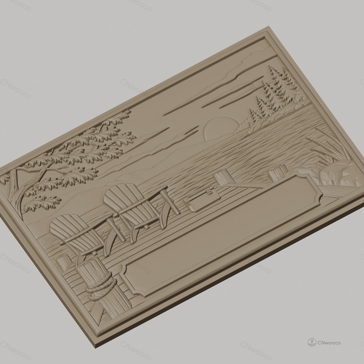Fichier CNC & impression 3D bord de lac, chaises Adirondack sur quai avec coucher de soleil, haute qualité relief STL