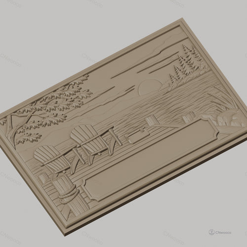 Fichier CNC & impression 3D bord de lac, chaises Adirondack sur quai avec coucher de soleil, haute qualité relief STL