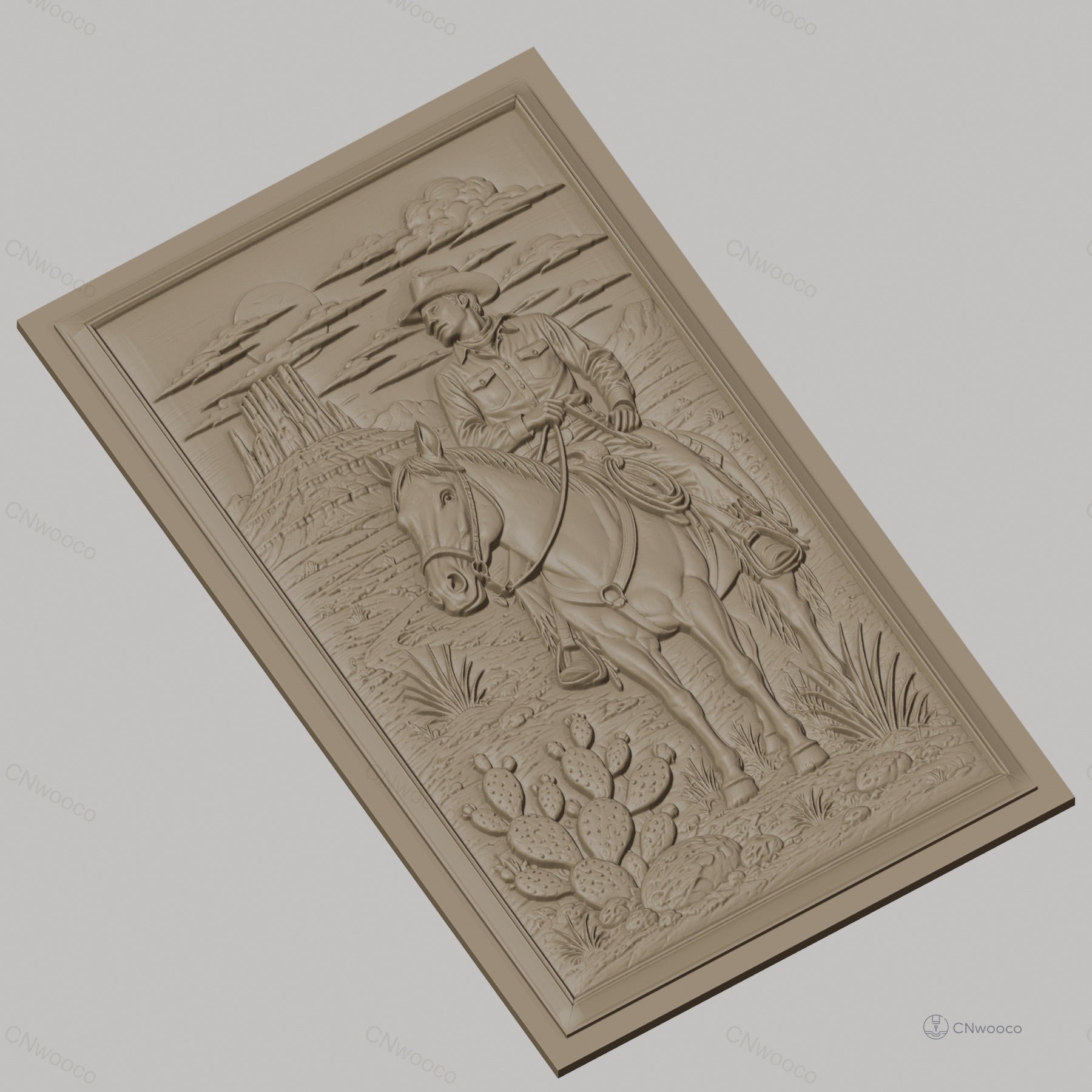 Fichier CNC & impression 3D cowboy à cheval désert cactus haute qualité relief STL