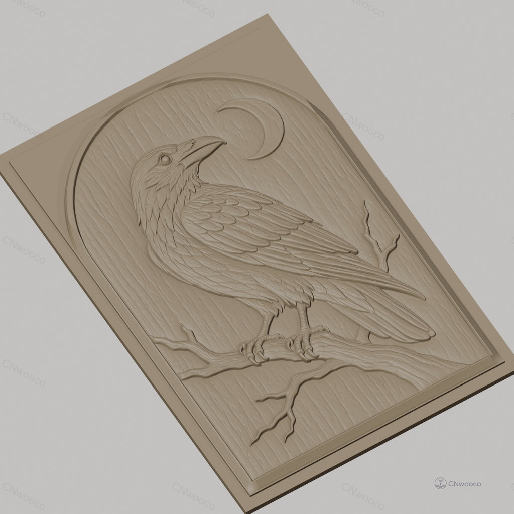 Fichier CNC & impression 3D corbeau sur branche avec lune haute qualité relief STL