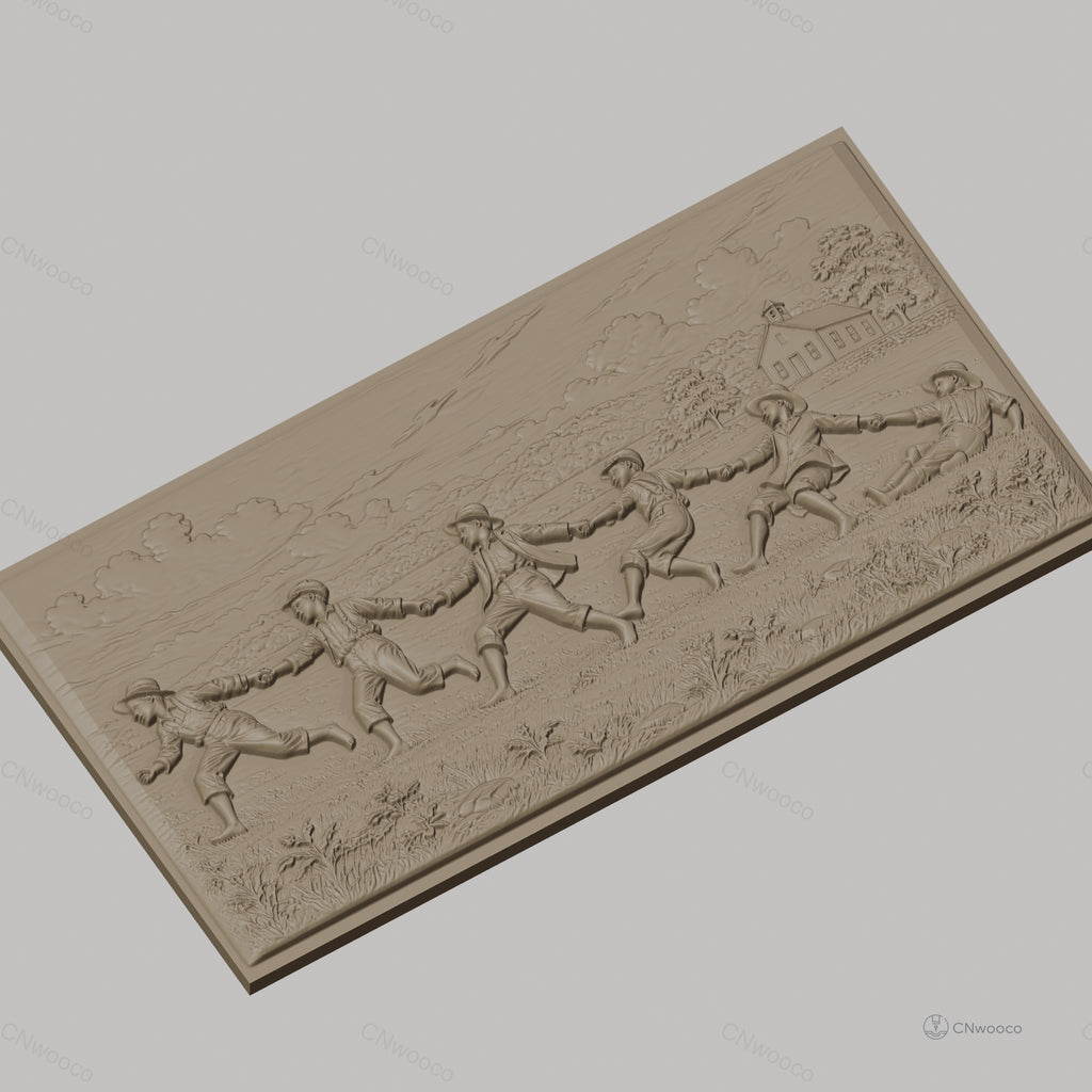 Fichier CNC & impression 3D enfants jouant à la corde, paysage rural avec maison, haute qualité relief STL