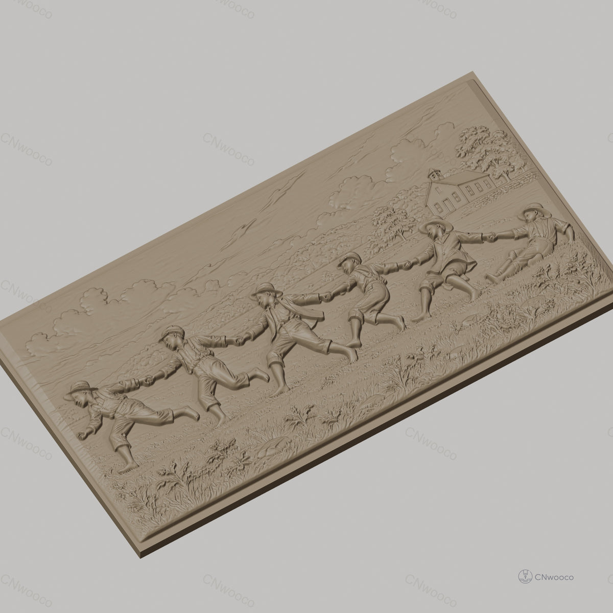 Fichier CNC & impression 3D enfants jouant à la corde, paysage rural avec maison, haute qualité relief STL