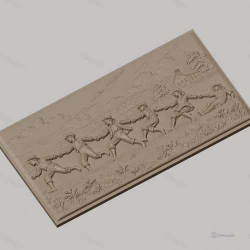 Fichier CNC & impression 3D enfants jouant à la corde, paysage rural avec maison, haute qualité relief STL
