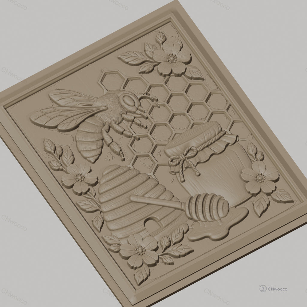 Fichier CNC & impression 3D thème abeille, ruche, pot de miel, fleurs et alvéoles, haute qualité relief STL