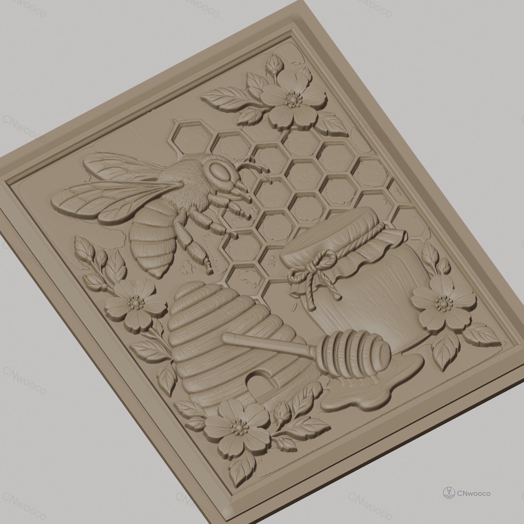 Fichier CNC & impression 3D thème abeille, ruche, pot de miel, fleurs et alvéoles, haute qualité relief STL