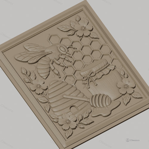 Fichier CNC & impression 3D thème abeille, ruche, pot de miel, fleurs et alvéoles, haute qualité relief STL
