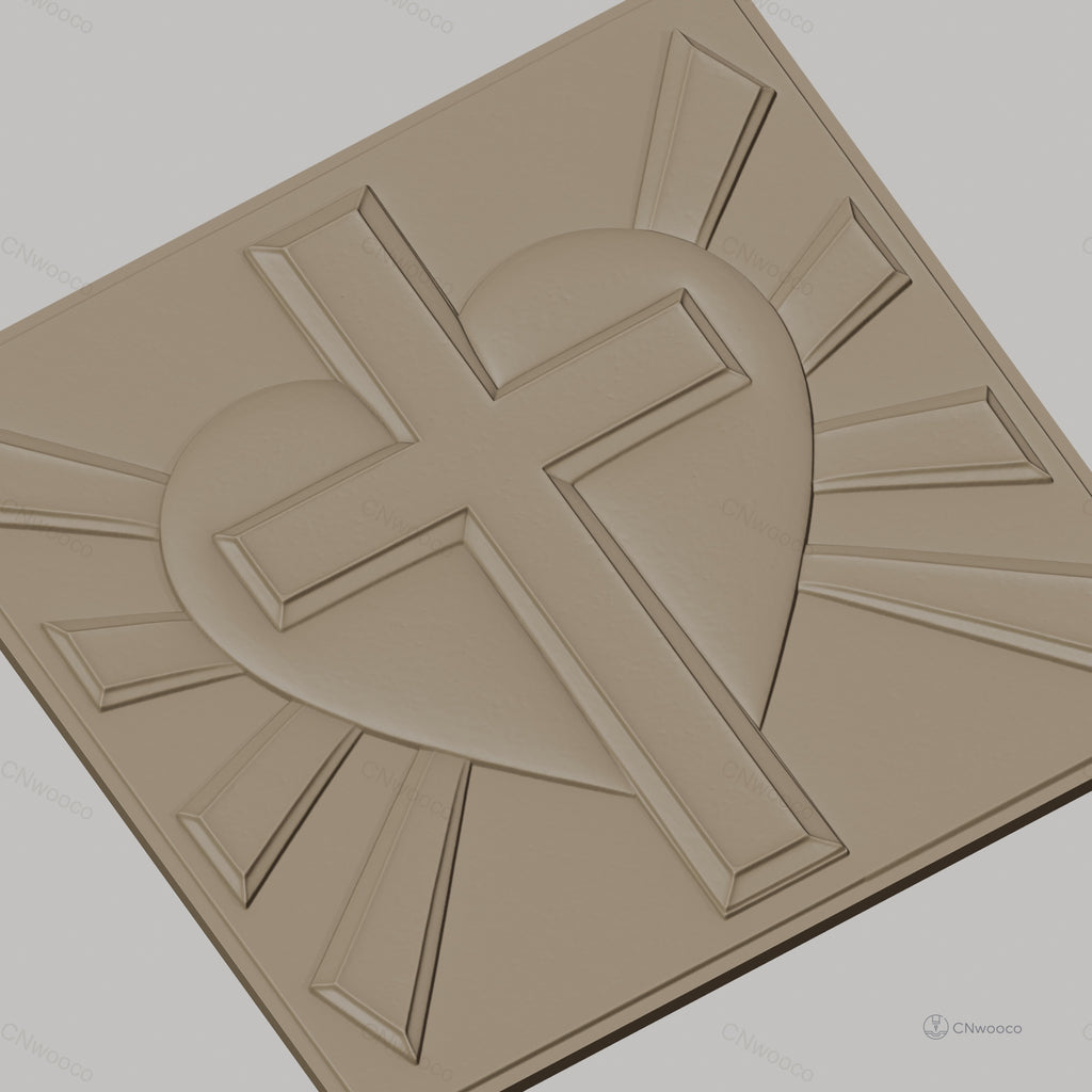 Fichier CNC & impression 3D coeur sacré avec croix et rayons, haute qualité relief STL