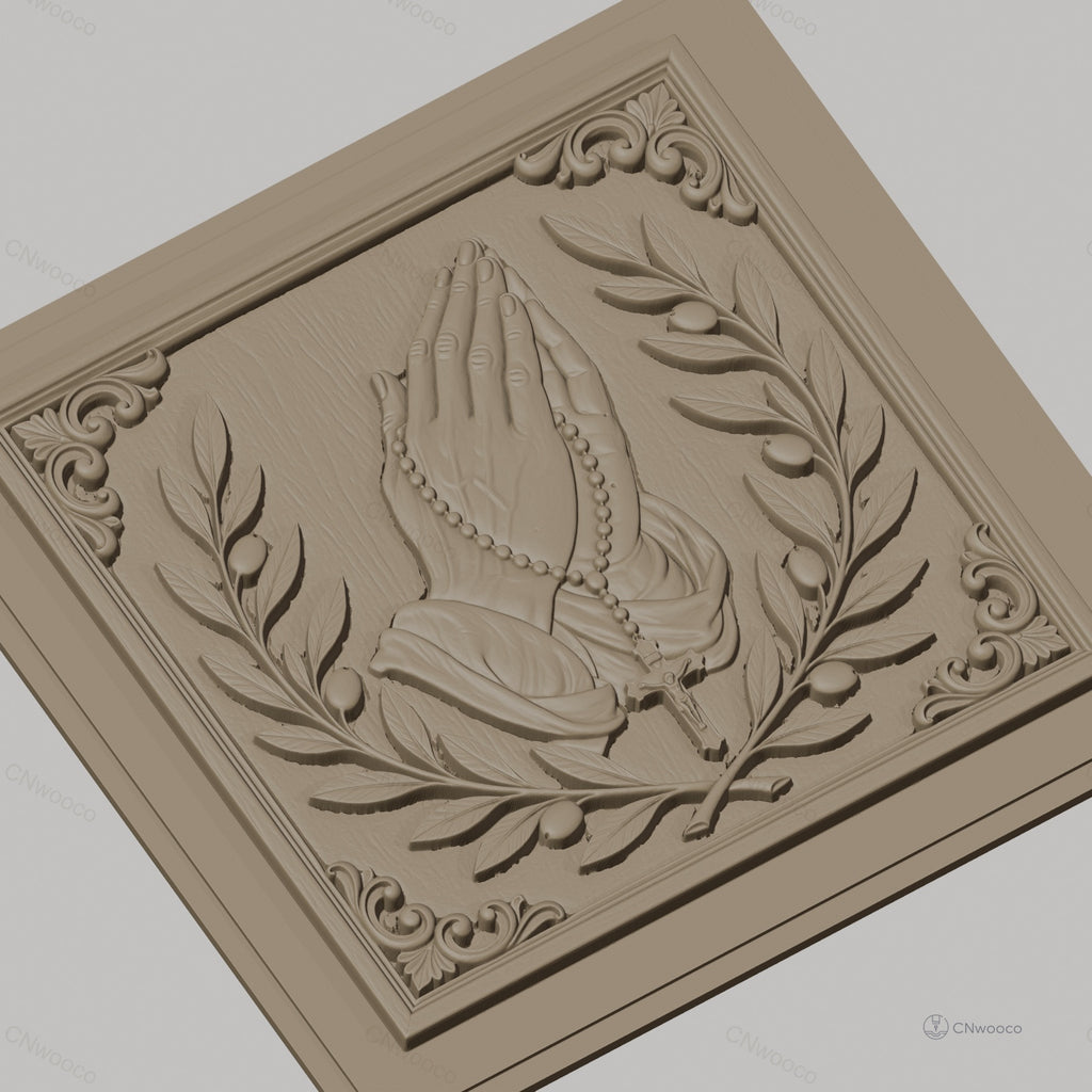 Fichier CNC & impression 3D mains en prière, chapelet et branches d’olivier, haute qualité relief STL