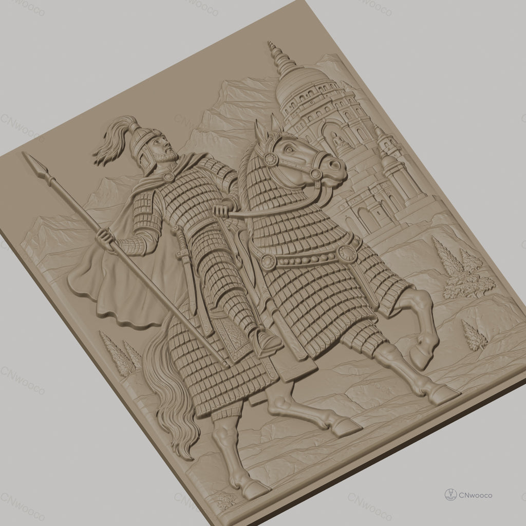 Fichier CNC & impression 3D chevalier à cheval en armure, temple et montagnes, haute qualité relief STL