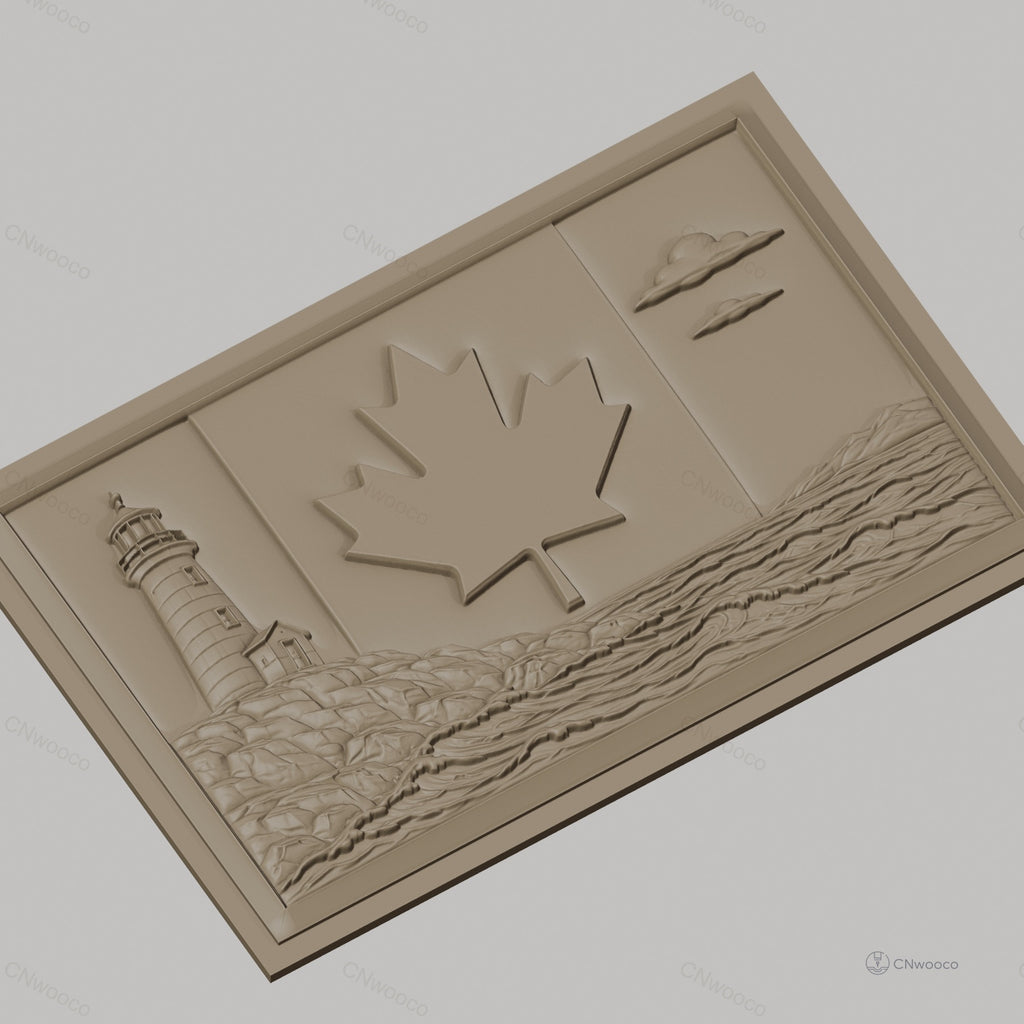 Fichier CNC & impression 3D drapeau Canada, phare, mer, feuilles d'érable, haute qualité relief STL
