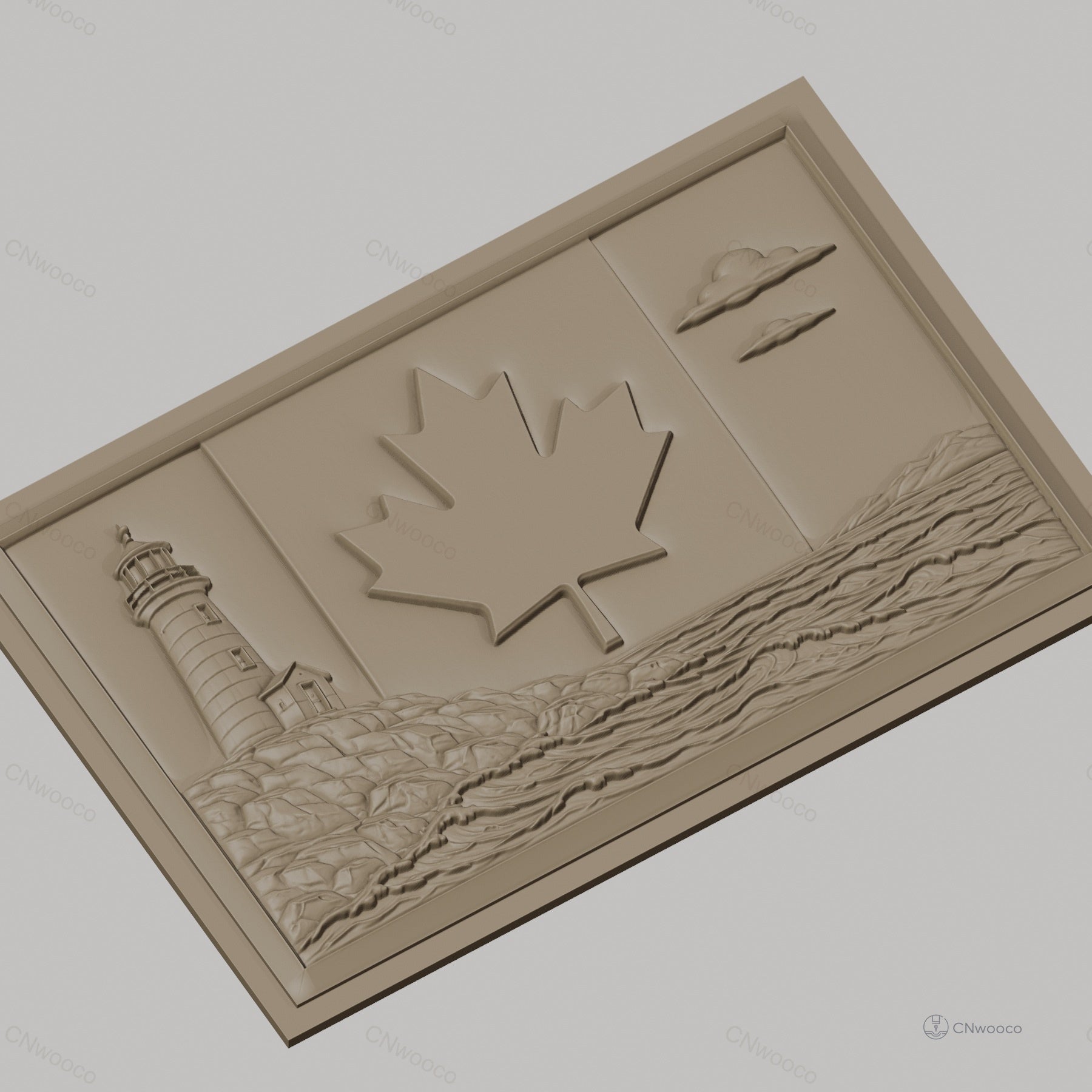 Fichier CNC & impression 3D drapeau Canada, phare, mer, feuilles d'érable, haute qualité relief STL