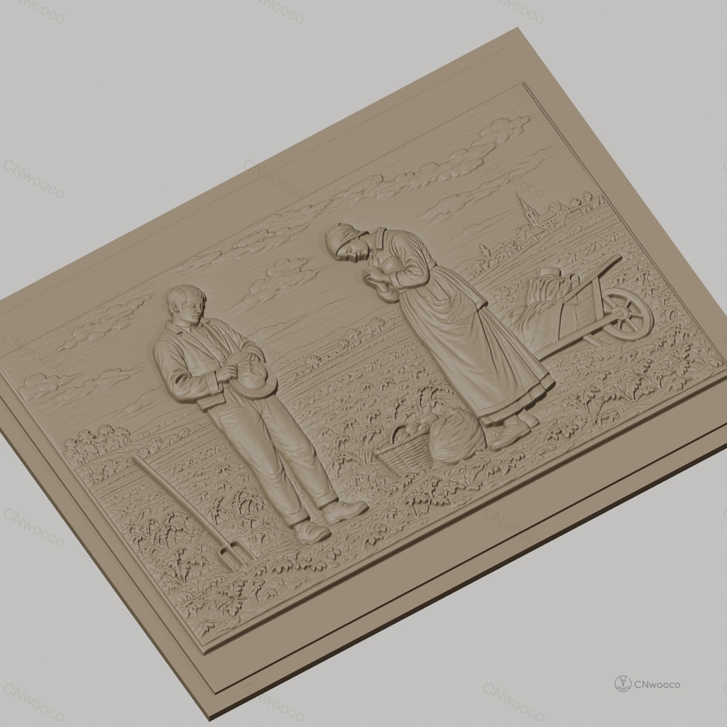 Fichier CNC & impression 3D scène agricole, homme et femme paysans dans champ, haute qualité relief STL