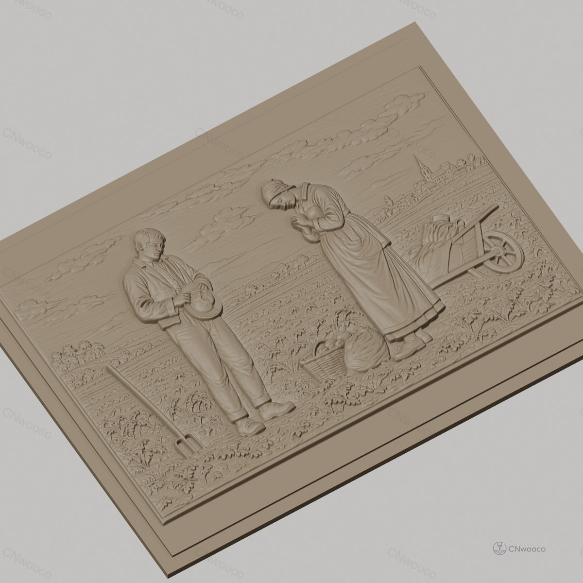 Fichier CNC & impression 3D scène agricole, homme et femme paysans dans champ, haute qualité relief STL