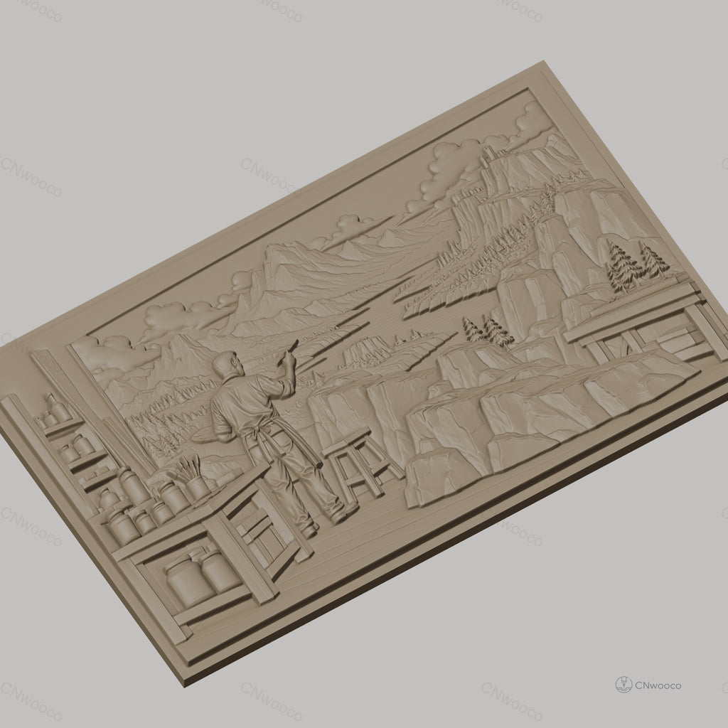 Fichier CNC & impression 3D peintre paysage montagne rivière atelier, haute qualité relief STL