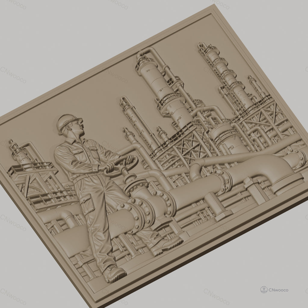 Fichier CNC & impression 3D industrie pétrochimique, ouvrier avec valve et tuyauterie complexe, haute qualité relief STL