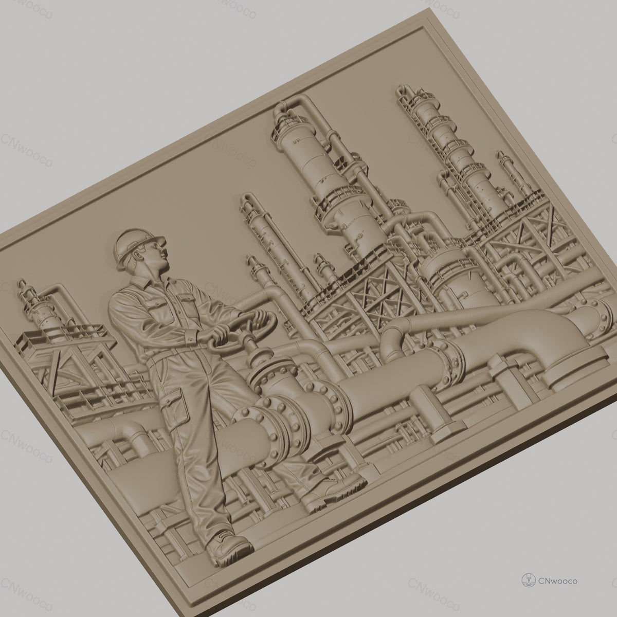 Fichier CNC & impression 3D industrie pétrochimique, ouvrier avec valve et tuyauterie complexe, haute qualité relief STL