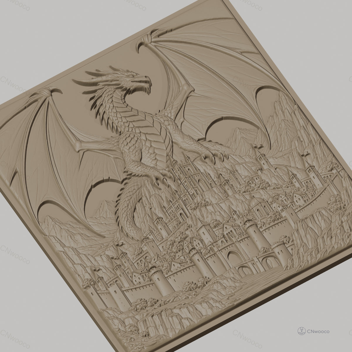Fichier CNC & impression 3D dragon légendaire et château médiéval, haute qualité relief STL