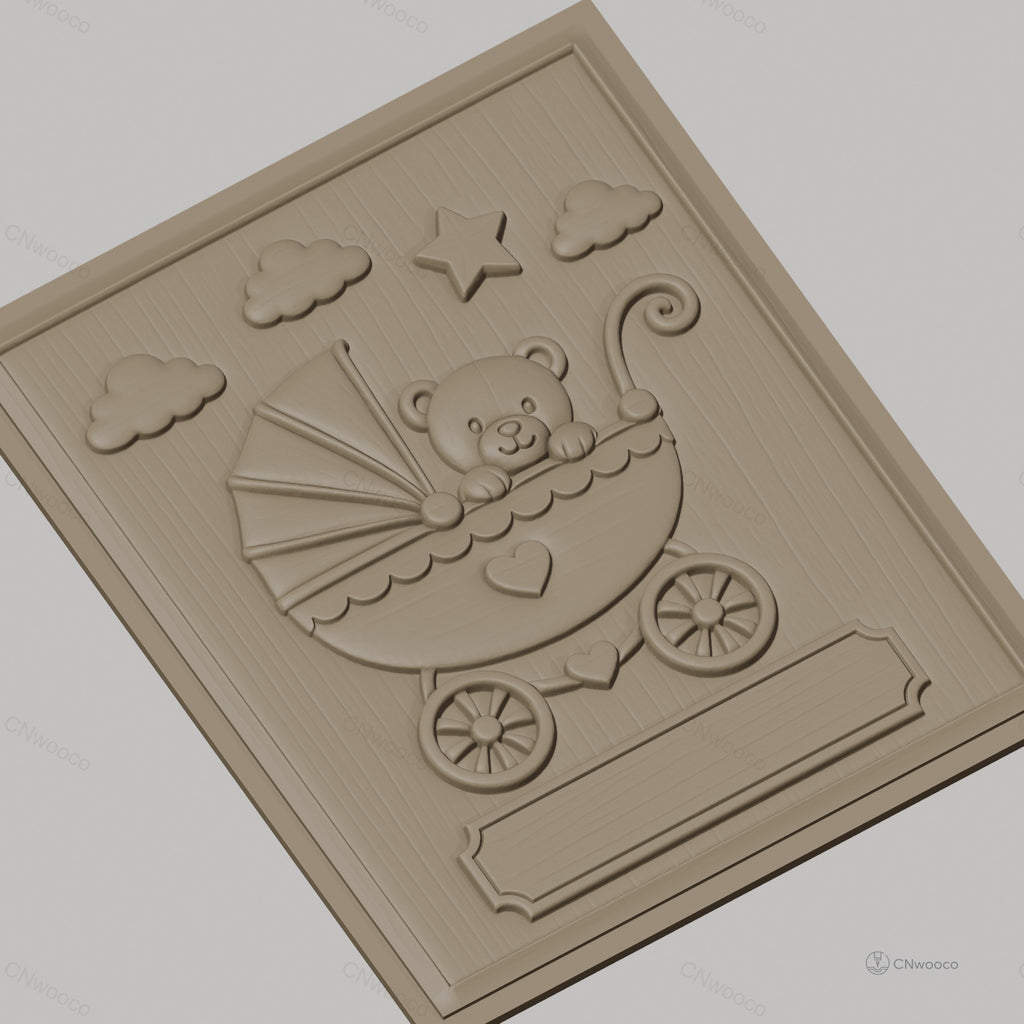 Fichier CNC & impression 3D bébé ours dans landau, nuages, étoile haute qualité relief STL