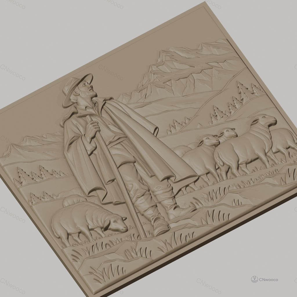 Fichier CNC & impression 3D berger avec troupeau de moutons en montagne, haute qualité relief STL