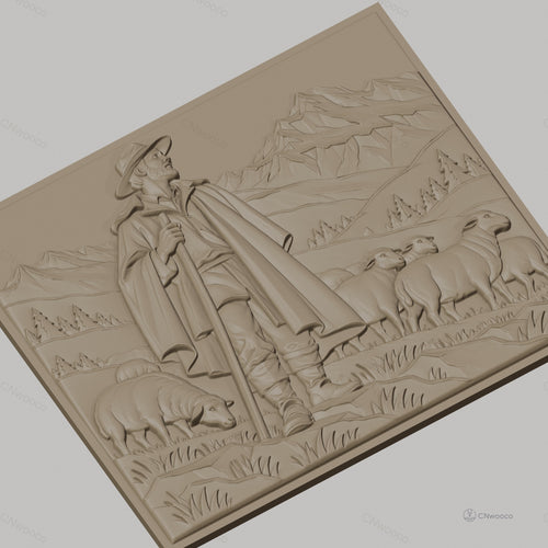 Fichier CNC & impression 3D berger avec troupeau de moutons en montagne, haute qualité relief STL