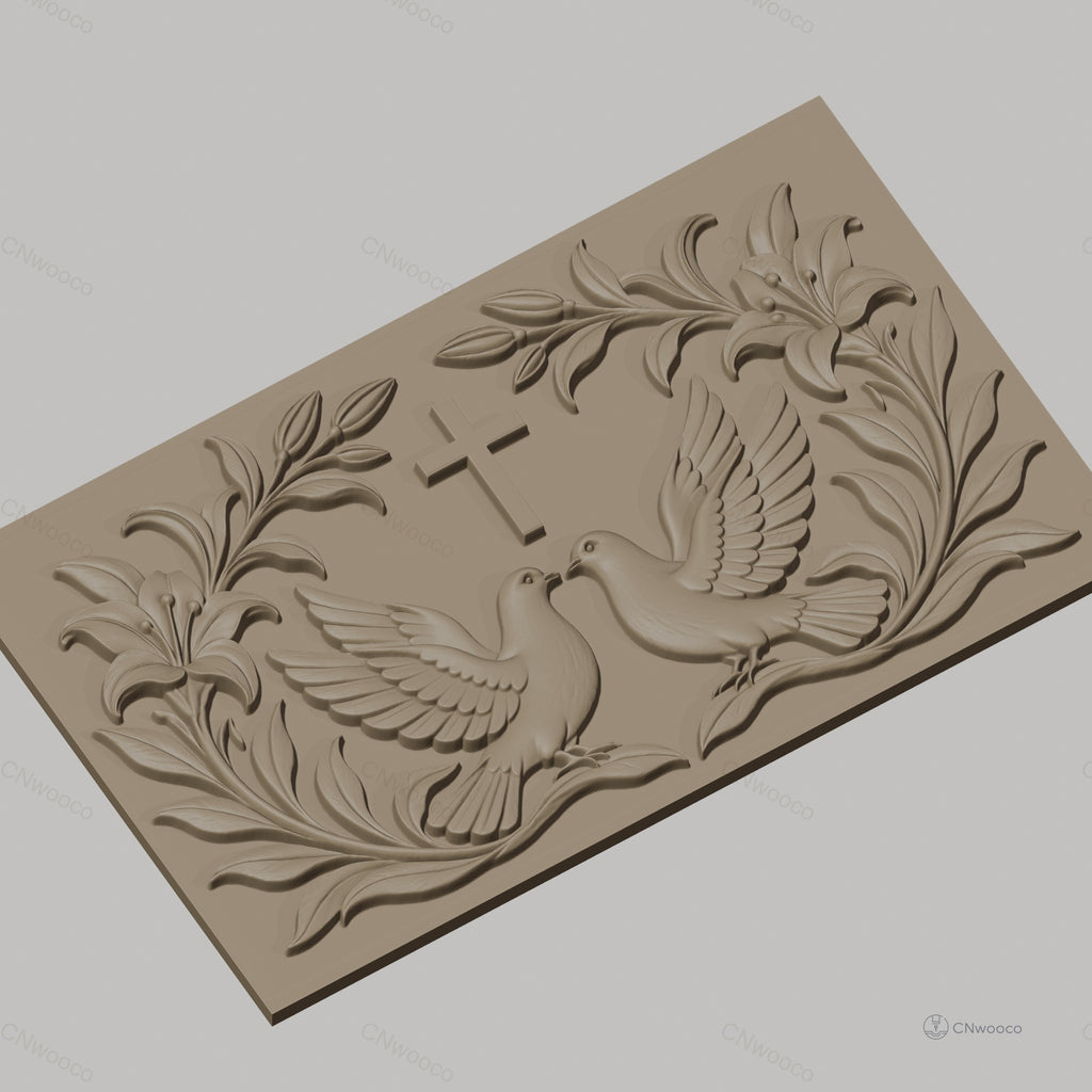 Fichier CNC & impression 3D motif religieux, colombes, croix et fleurs, haute qualité relief STL