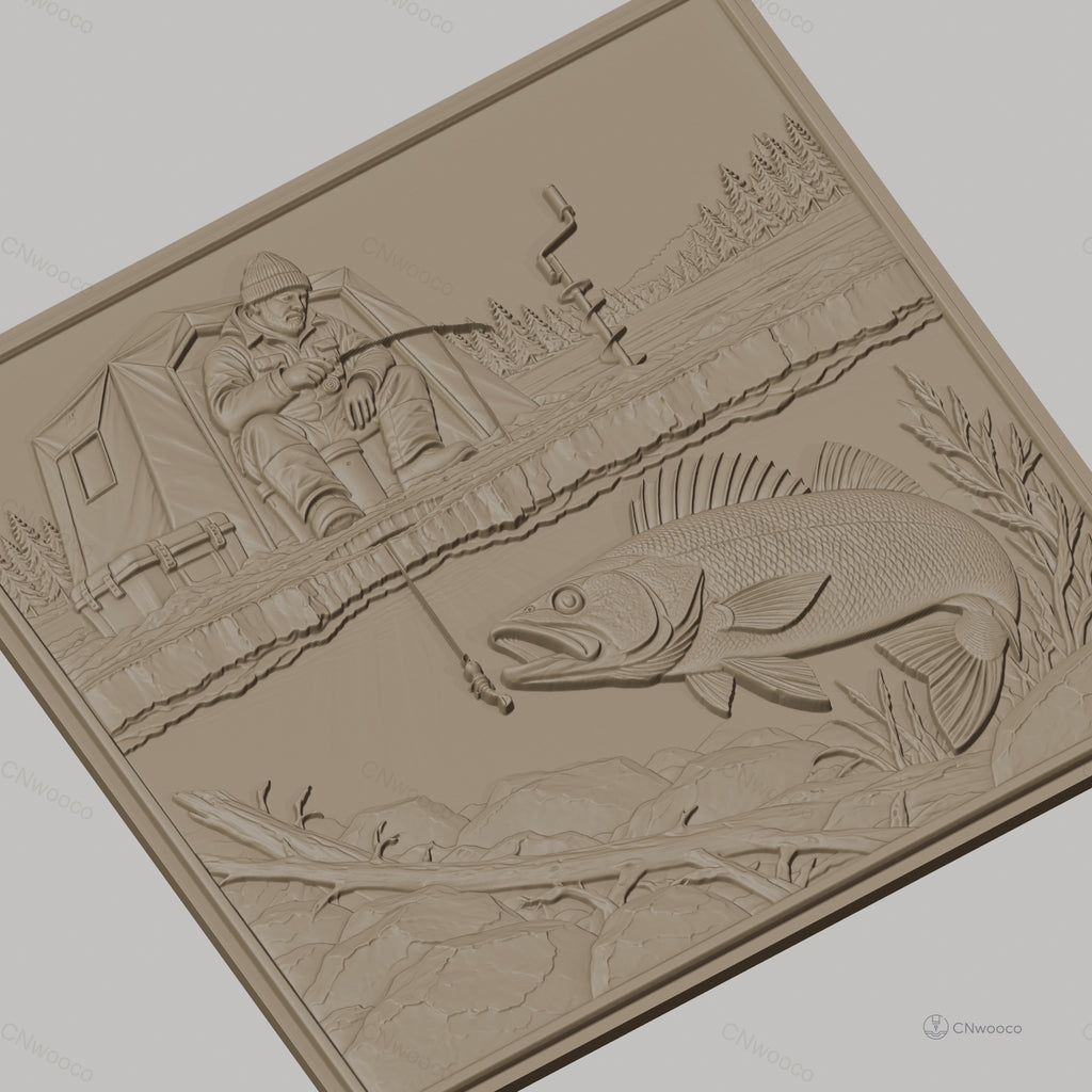 Fichier CNC & impression 3D pêche blanche, homme avec tente et poisson sous glace, haute qualité relief STL