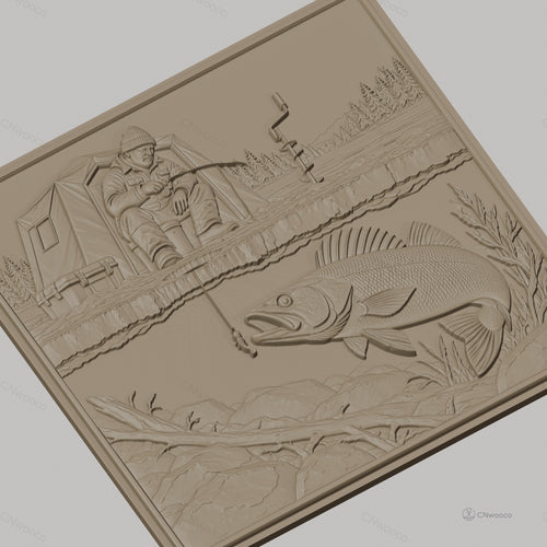 Fichier CNC & impression 3D pêche blanche, homme avec tente et poisson sous glace, haute qualité relief STL